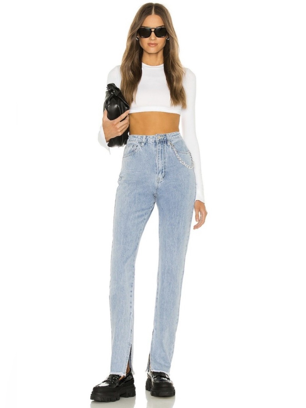 New NWT We Wore What Slit Hem Jeans Denim Split Raw Rigid Denim Light Blue Wash